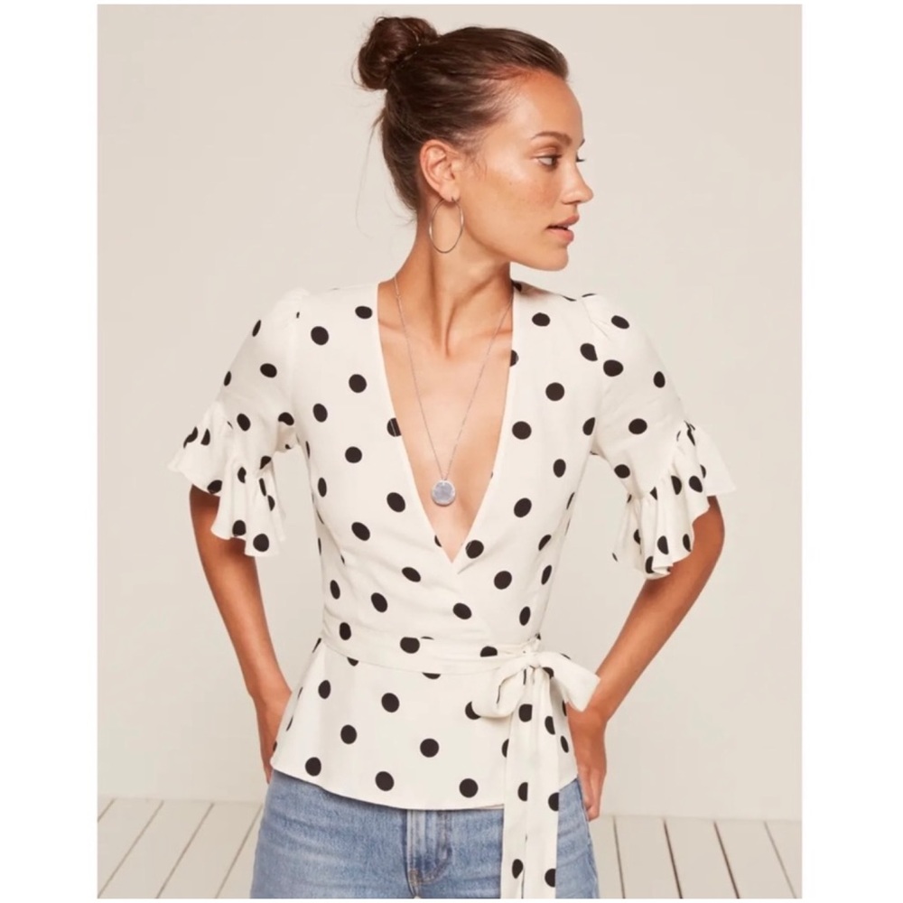 REFORMATION Opal in Comet Polka Dot Wrap Top